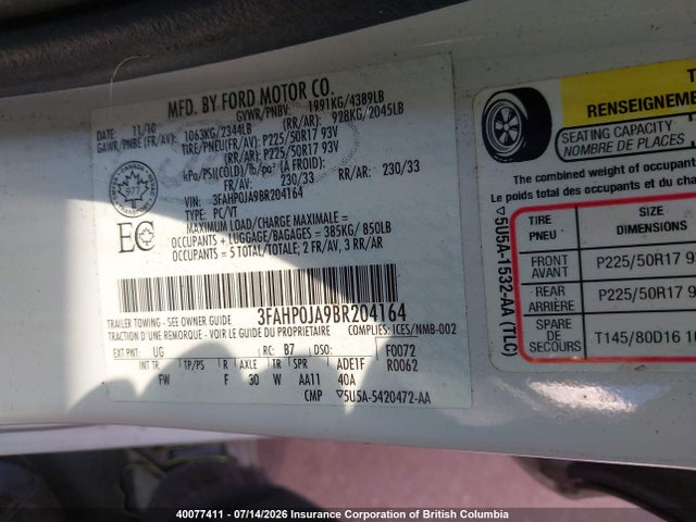 2011 Ford Fusion Sel მანქანა იყიდება აუქციონზე, vin: 3FAHP0JA9BR204164, აუქციონის ნომერი: 40077411