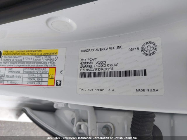 Продаж на аукціоні авто 2018 Honda Accord Sport, vin: 1HGCV1F33JA805235, номер лоту: 40076839