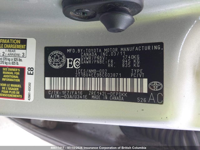 2011 Toyota Corolla S/le მანქანა იყიდება აუქციონზე, vin: 2T1BU4EE9BC603871, აუქციონის ნომერი: 40077417