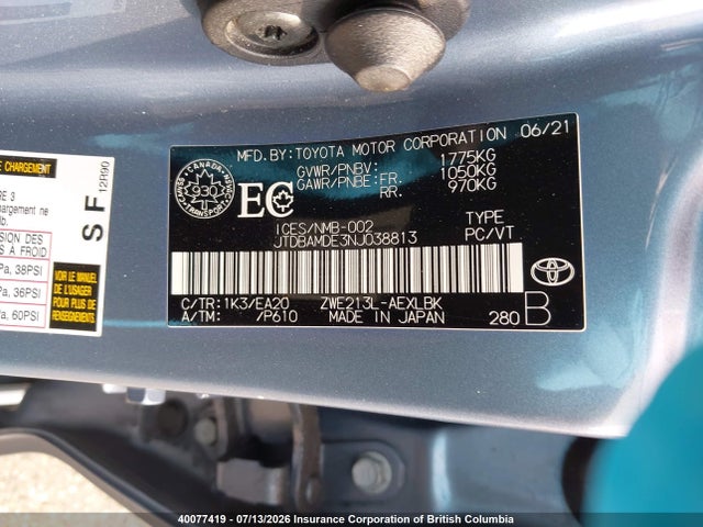 2022 Toyota Corolla Hybrid Base W/li Battery მანქანა იყიდება აუქციონზე, vin: JTDBAMDE3NJ038813, აუქციონის ნომერი: 40077419