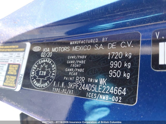 40077423 :رقم المزاد ، 3KPF24AD5LE224664 vin ، 2020 Kia Forte مزاد بيع