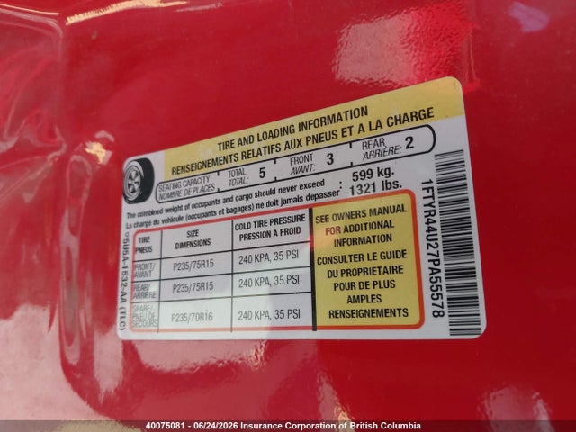 40075081 :رقم المزاد ، 1FTYR44U27PA55578 vin ، 2007 Ford Ranger Super Cab مزاد بيع