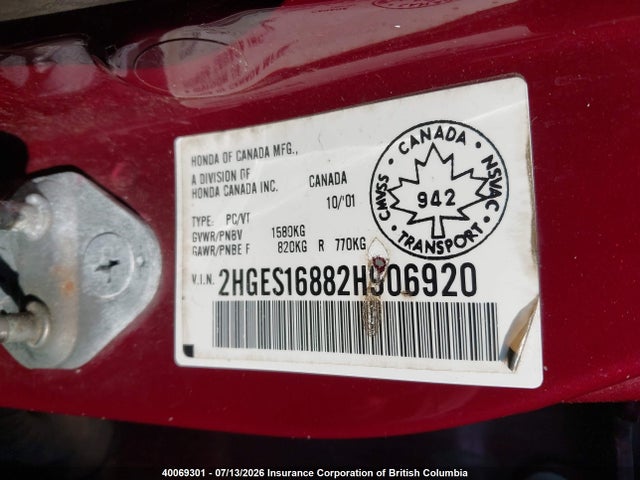 2002 Honda Civic Lx მანქანა იყიდება აუქციონზე, vin: 2HGES16882H906920, აუქციონის ნომერი: 40069301