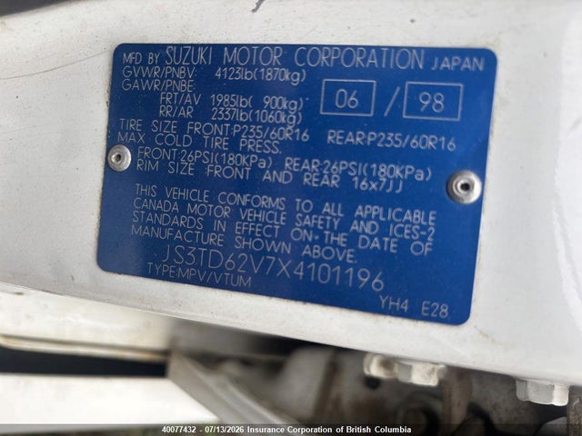 Продаж на аукціоні авто 1999 Suzuki Grand Vitara Jx/jlx, vin: JS3TD62V7X4101196, номер лоту: 40077432