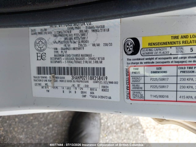 40077444 :رقم المزاد ، 3FAHP02118R258419 vin ، 2008 Ford Fusion Sel مزاد بيع