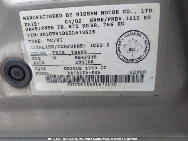 40077448 :رقم المزاد ، 3N1CB51D62L673535 vin ، 2002 Nissan Sentra Xe/gxe مزاد بيع