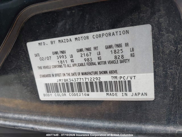 Aukcja sprzedaży 2007 Mazda 3 Hatchback, vin: JM1BK343771712292, numer aukcji: 40077449