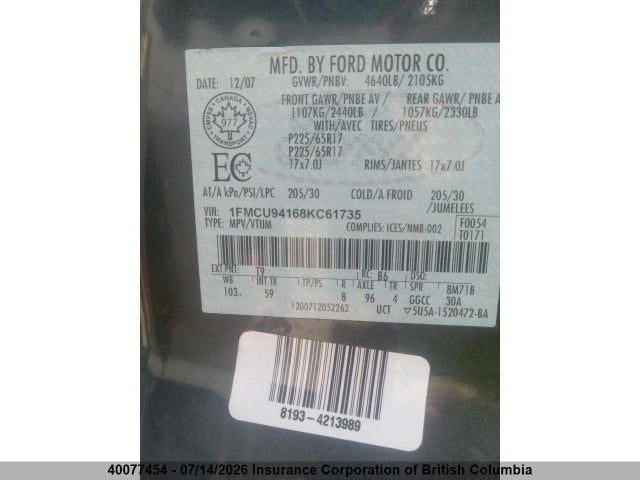 40077454 :رقم المزاد ، 1FMCU94168KC61735 vin ، 2008 Ford Escape Limited مزاد بيع