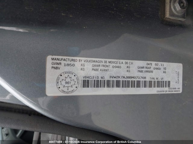 Продаж на аукціоні авто 2011 Volkswagen Jetta, vin: 3VW2K7AJ8BM071768, номер лоту: 40077459