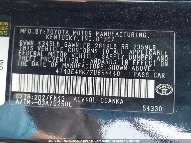 2007 Toyota Camry მანქანა იყიდება აუქციონზე, vin: 4T1BE46K77U654440, აუქციონის ნომერი: 40077460