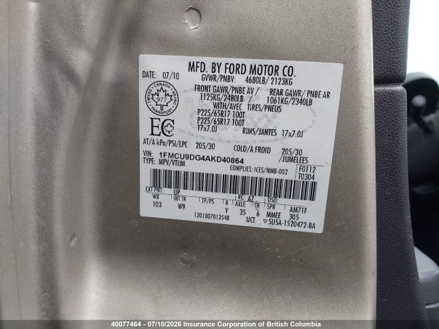 40077464 :رقم المزاد ، 1FMCU9DG4AKD40864 vin ، 2010 Ford Escape Xlt مزاد بيع