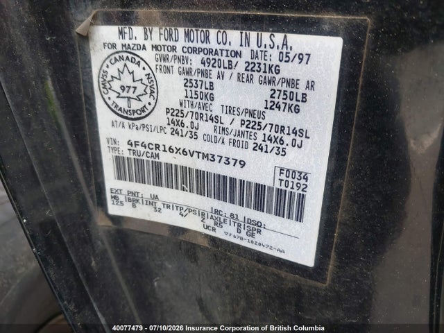40077479 :رقم المزاد ، 4F4CR16X6VTM37379 vin ، 1997 Mazda B4000 مزاد بيع