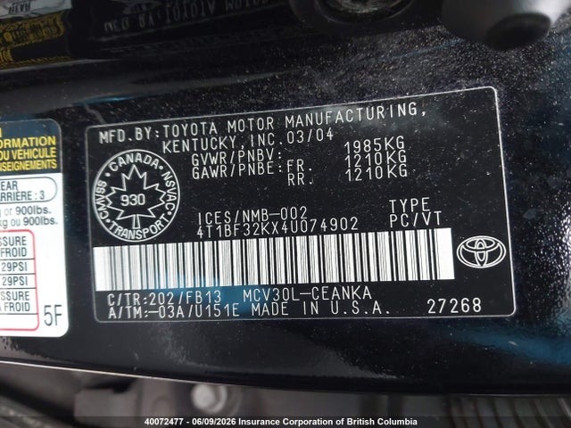 2004 Toyota Camry Le/xle/se მანქანა იყიდება აუქციონზე, vin: 4T1BF32KX4U074902, აუქციონის ნომერი: 40072477