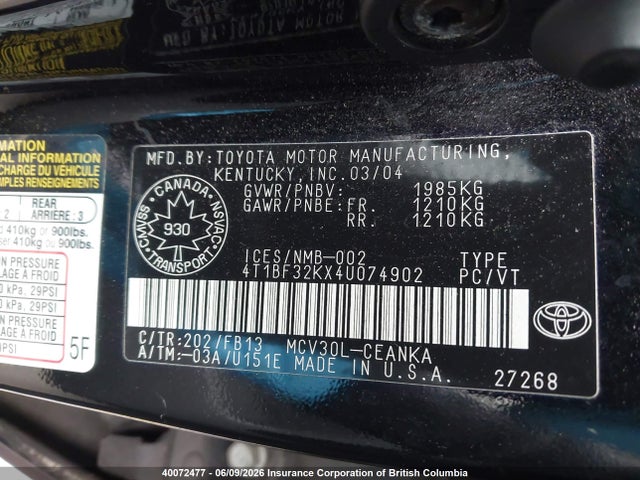 2004 Toyota Camry Le/xle/se მანქანა იყიდება აუქციონზე, vin: 4T1BF32KX4U074902, აუქციონის ნომერი: 40072477