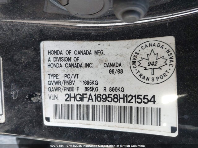 Продаж на аукціоні авто 2008 Honda Civic, vin: 2HGFA16958H121554, номер лоту: 40077484