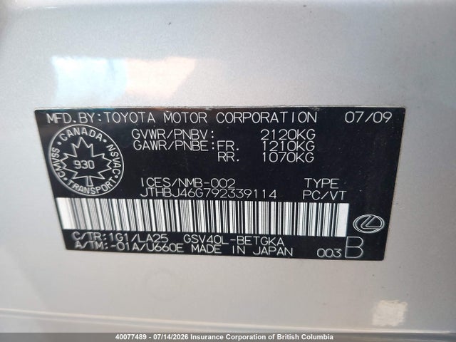 Продажа на аукционе авто 2009 Lexus Es350, vin: JTHBJ46G792339114, номер лота: 40077489