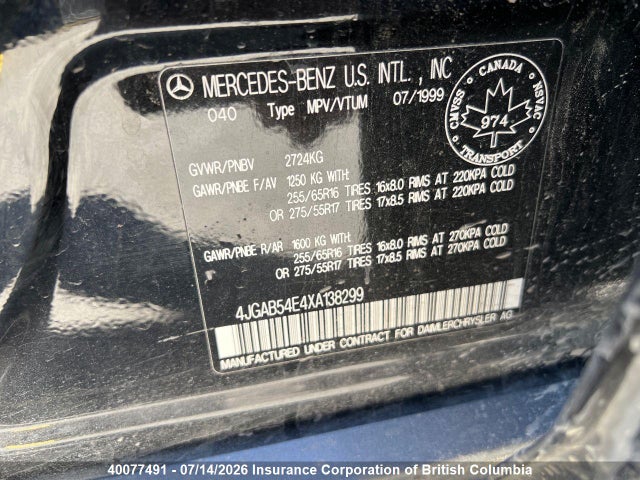 Aukcja sprzedaży 1999 Mercedes-benz Ml 320, vin: 4JGAB54E4XA138299, numer aukcji: 40077491