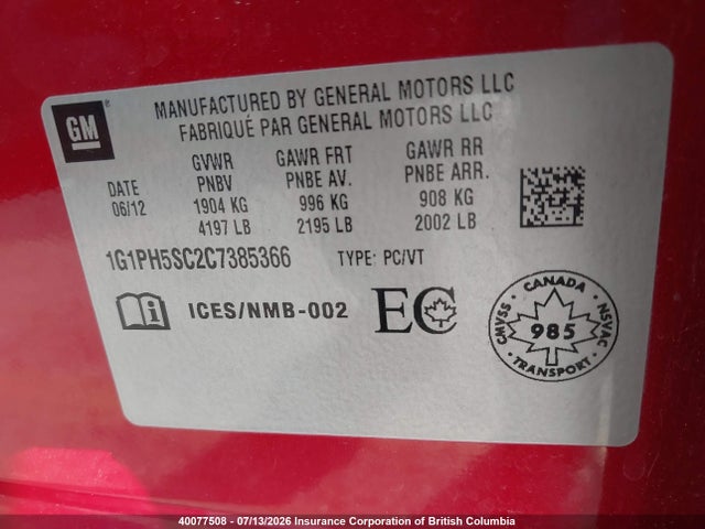 Aukcja sprzedaży 2012 Chevrolet Cruze, vin: 1G1PH5SC2C7385366, numer aukcji: 40077508