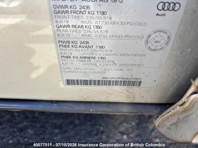 40077511 :رقم المزاد ، WA1VFCFP9DA020963 vin ، 2013 Audi Q5 مزاد بيع
