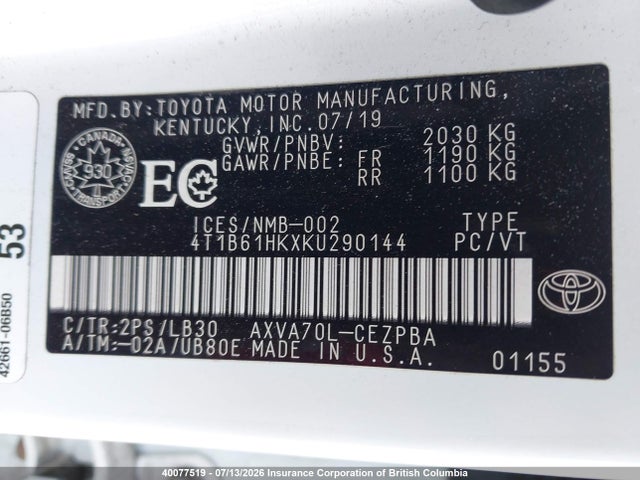 2019 Toyota Camry მანქანა იყიდება აუქციონზე, vin: 4T1B61HKXKU290144, აუქციონის ნომერი: 40077519