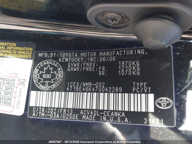 2007 Toyota Camry Ce/le/xle/se მანქანა იყიდება აუქციონზე, vin: 4T1BE46K47U042289, აუქციონის ნომერი: 40067967