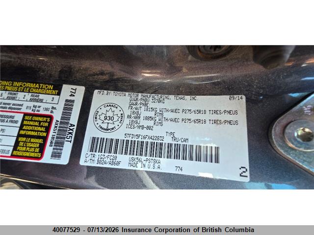 2015 Toyota Tundra Crewmax Sr5/trd Pro მანქანა იყიდება აუქციონზე, vin: 5TFDY5F16FX422832, აუქციონის ნომერი: 40077529