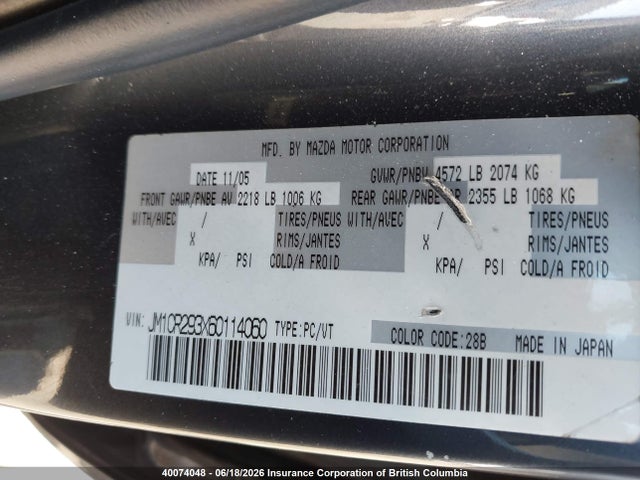 40074048 :رقم المزاد ، JM1CR293X60114060 vin ، 2006 Mazda 5 مزاد بيع