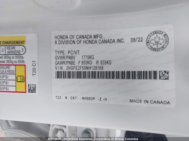 Продаж на аукціоні авто 2022 Honda Civic Sport, vin: 2HGFE2F59NH128168, номер лоту: 40075830