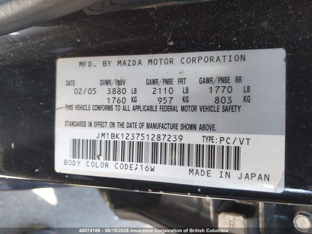 2005 Mazda 3 S მანქანა იყიდება აუქციონზე, vin: JM1BK123751287239, აუქციონის ნომერი: 40074188