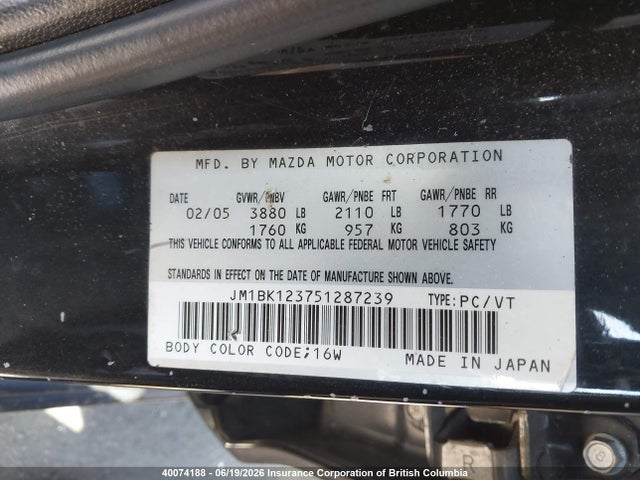 2005 Mazda 3 S მანქანა იყიდება აუქციონზე, vin: JM1BK123751287239, აუქციონის ნომერი: 40074188