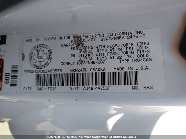 2008 Toyota Tacoma Access Cab მანქანა იყიდება აუქციონზე, vin: 5TEUU42N38Z489575, აუქციონის ნომერი: 40077560