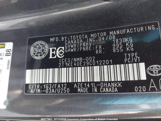 2009 Toyota Corolla Matrix S მანქანა იყიდება აუქციონზე, vin: 2T1KE40E29C012201, აუქციონის ნომერი: 40077563