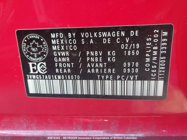 3VWG57AU1KM016070 Volkswagen GOLF S/SE