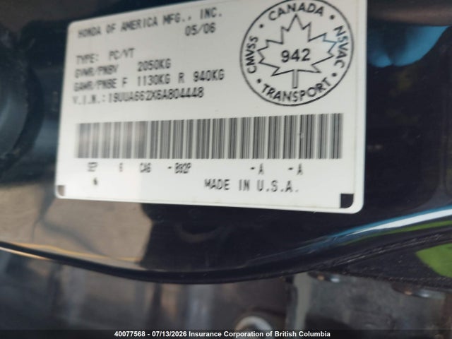 Продажа на аукционе авто 2006 Acura Tl, vin: 19UUA662X6A804448, номер лота: 40077568