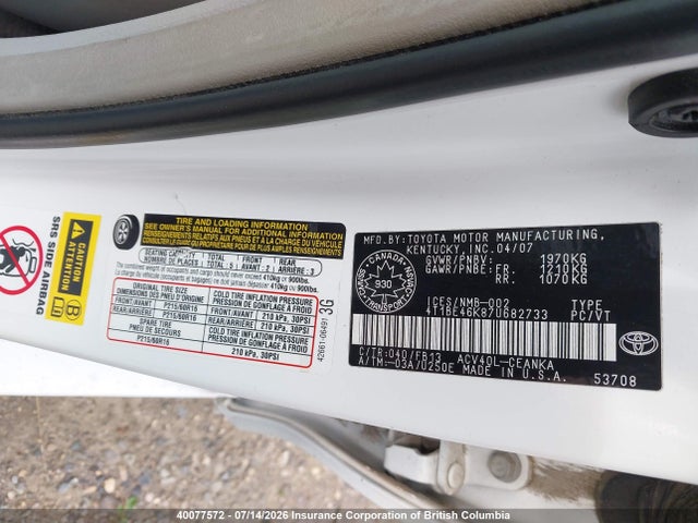 2007 Toyota Camry მანქანა იყიდება აუქციონზე, vin: 4T1BE46K87U682733, აუქციონის ნომერი: 40077572