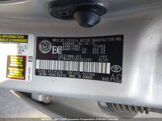 40042031 :رقم المزاد ، 2T1BU4EE9DC062260 vin ، 2013 Toyota Corolla S/le مزاد بيع