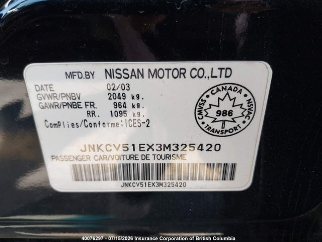 2003 Infiniti G35 მანქანა იყიდება აუქციონზე, vin: JNKCV51EX3M325420, აუქციონის ნომერი: 40076297