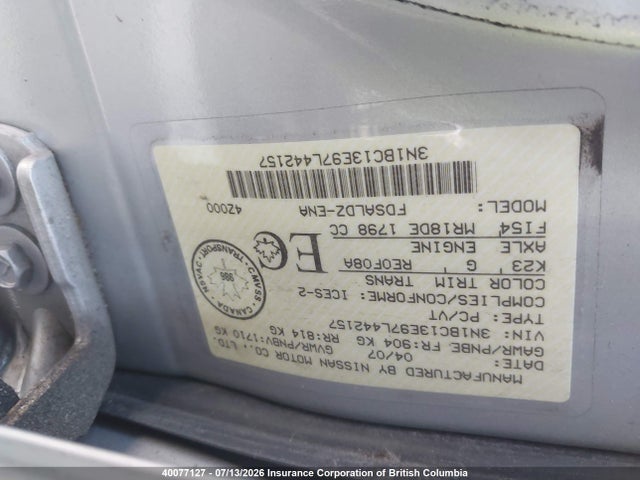 40077127 :رقم المزاد ، 3N1BC13E97L442157 vin ، 2007 Nissan Versa 1.8sl مزاد بيع