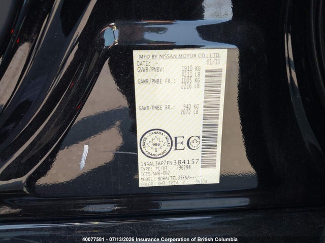 2015 Nissan Altima 2.5/s/sv/sl მანქანა იყიდება აუქციონზე, vin: 1N4AL3AP7FN384157, აუქციონის ნომერი: 40077581