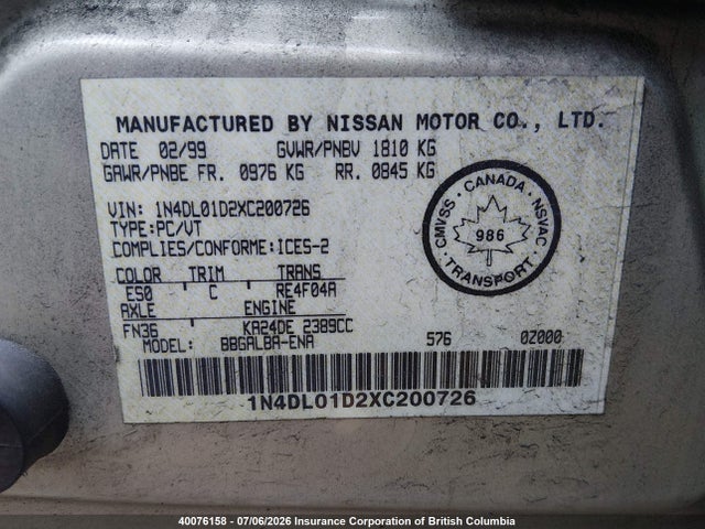 1999 Nissan Altima Xe/gxe/se/gle მანქანა იყიდება აუქციონზე, vin: 1N4DL01D2XC200726, აუქციონის ნომერი: 40076158