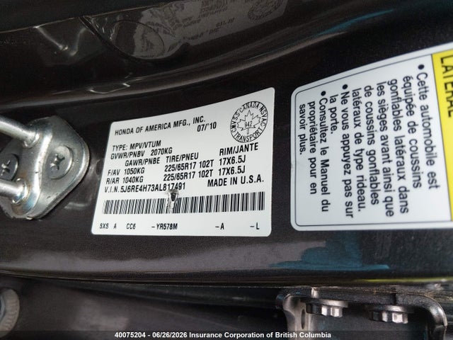 Aukcja sprzedaży 2010 Honda Cr-v Exl, vin: 5J6RE4H73AL817491, numer aukcji: 40075204