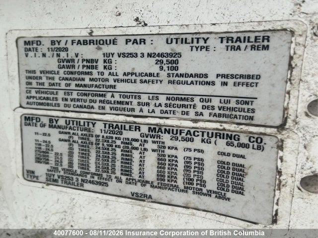 Auction sale of the 2022 Utility Van Trailer, vin: 1UYVS2533N2463925, lot number: 40077600