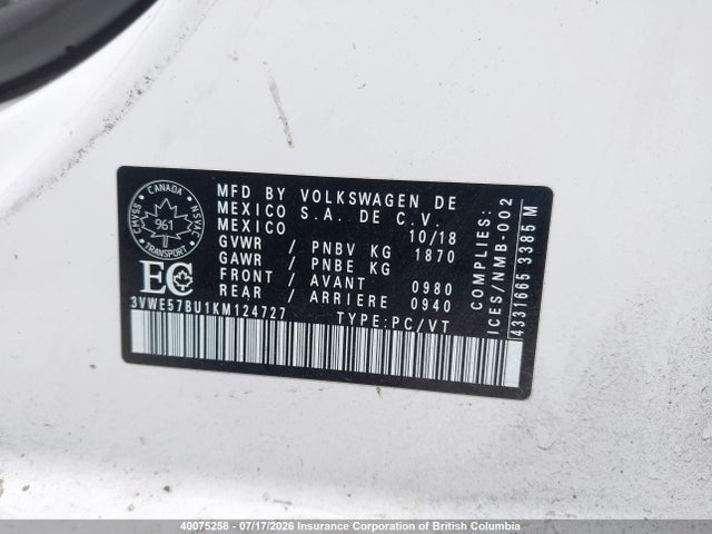2019 Volkswagen Jetta Sel მანქანა იყიდება აუქციონზე, vin: 3VWE57BU1KM124727, აუქციონის ნომერი: 40075258