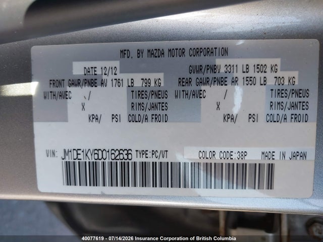 40077619 :رقم المزاد ، JM1DE1KY6D0162636 vin ، 2013 Mazda Mazda2 Gx مزاد بيع