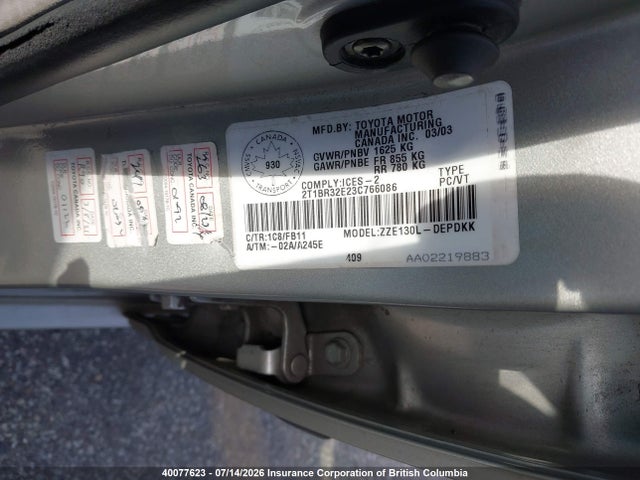 Продажа на аукционе авто 2003 Toyota Corolla Ce/le/s, vin: 2T1BR32E23C766086, номер лота: 40077623