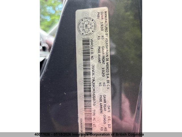 40077626 :رقم المزاد ، 3VW3L7AJ9CM365070 vin ، 2012 Volkswagen Jetta مزاد بيع
