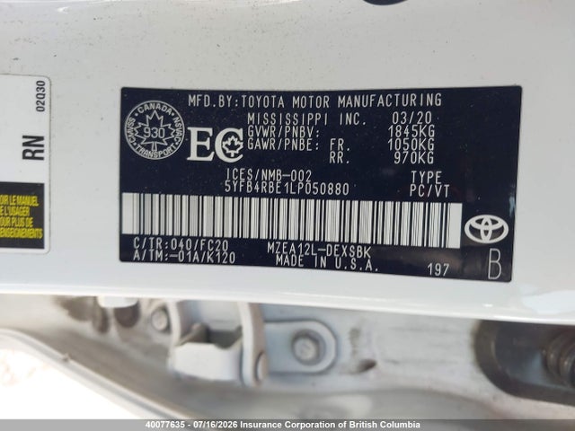5YFB4RBE1LP050880 Toyota Corolla Se/xse