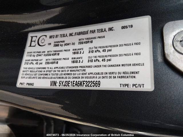 Tesla MODEL 3 2019 5YJ3E1EA6KF322569 Image 9