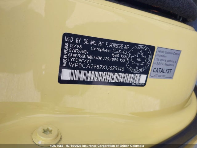 1999 Porsche Boxster მანქანა იყიდება აუქციონზე, vin: WP0CA2982XU625145, აუქციონის ნომერი: 40077666