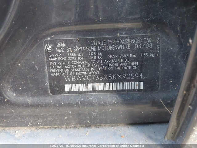 Продажа на аукционе авто 2008 Bmw 328xi, vin: WBAVC735X8KX90594, номер лота: 40076728